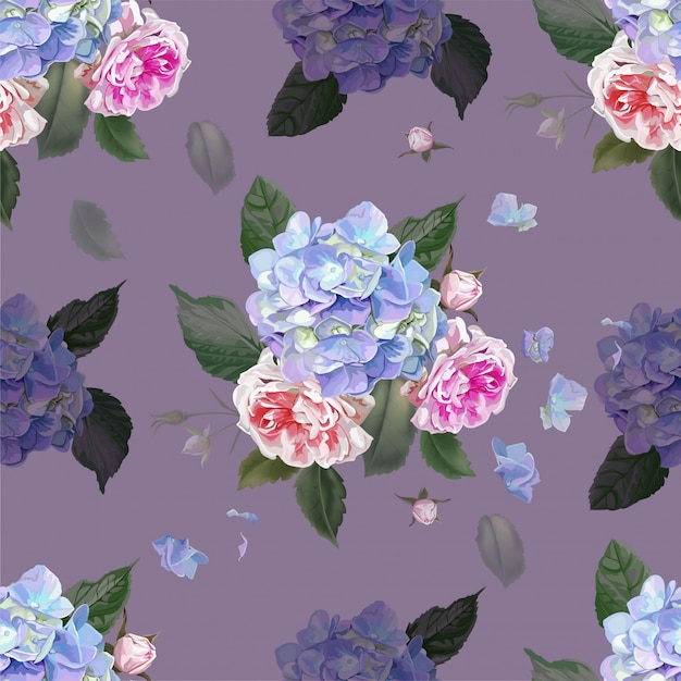 Roos en hortensia naadloos patroon