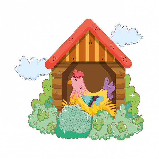 목조 주택에 닭 새 농장