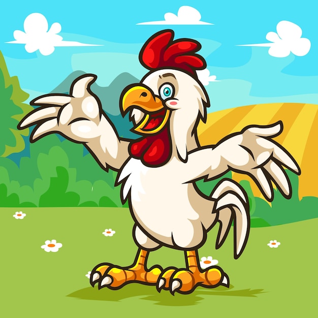 Vector rooster cartoon isolated on farm garden background