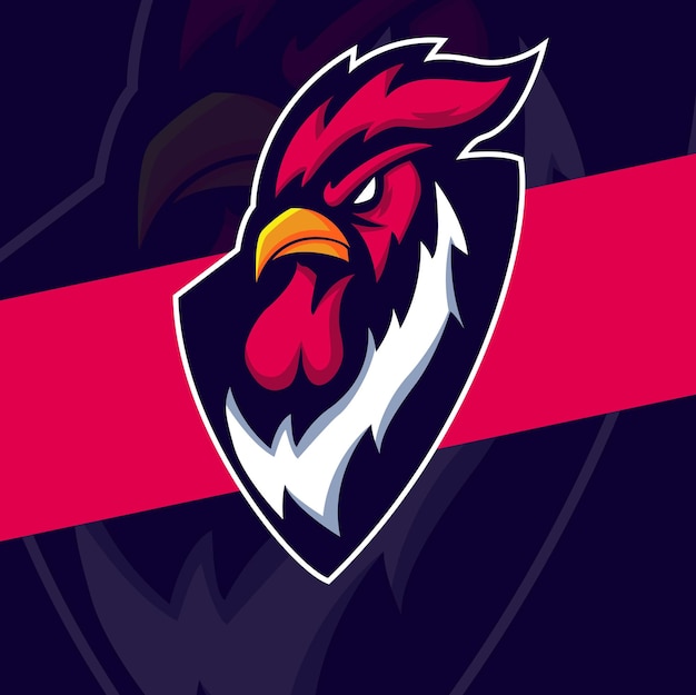 Vettore disegno del logo della mascotte della testa di pollo del gallo per il design del logo sportivo esport