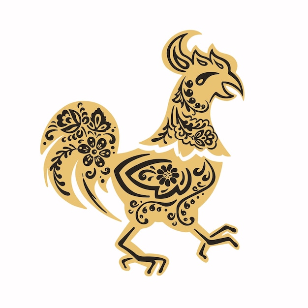 Rooster chicken in the style of Khokhloma painting black and gold vector illustration