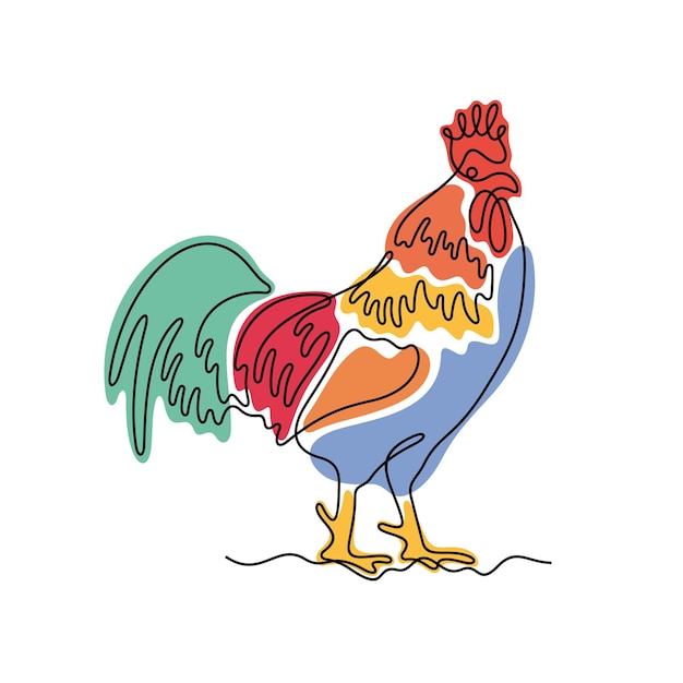 Vector rooster continuous line colourful vector illustration