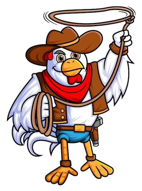 A rooster in a cowboy hat performing on a rope