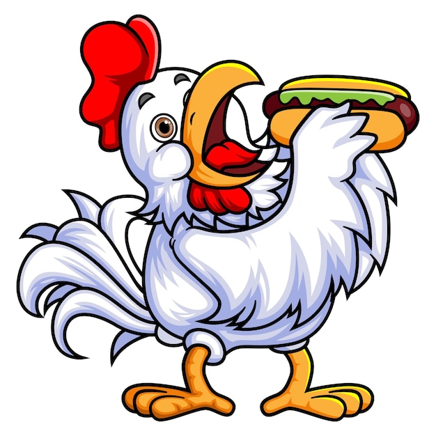 Vector a rooster eats a huge hotdog