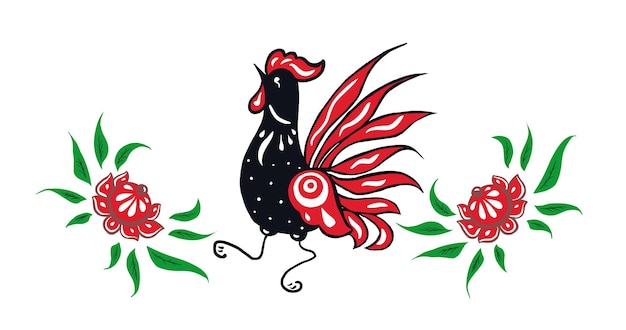 Rooster in flowers Gorodets painting in vector Red black rooster in flowers hand drawn sketch