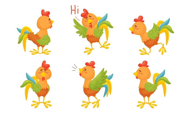 Vector rooster funny character with bright feathers singing and greeting vector set