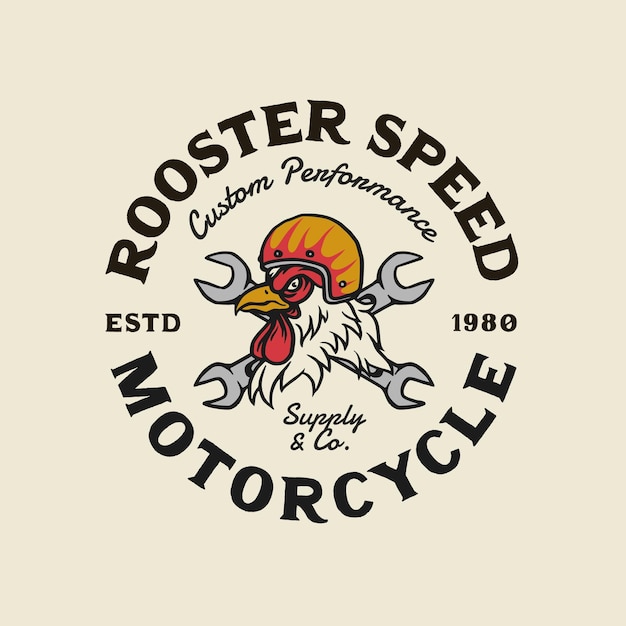 Петух рисованной винтажный стиль мотоцикла и знак логотипа гаража