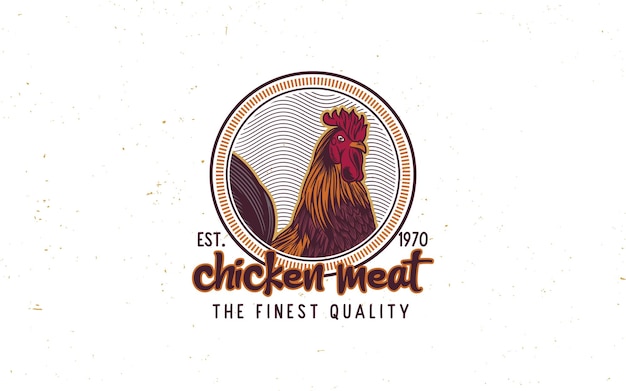 Vector rooster head vintage logo retro print poster for butchery poultry meat shop with text typography