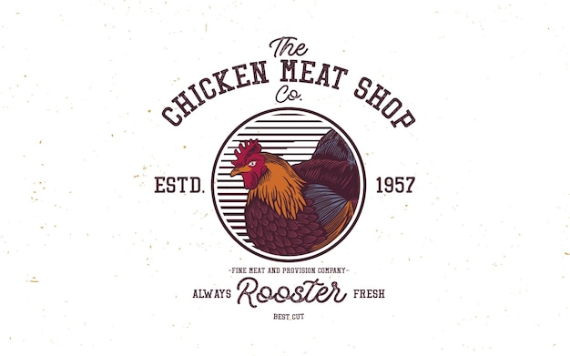 Vector rooster head vintage logo retro print poster for butchery poultry meat shop with text typography