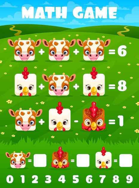 Vettore gallo gallina e mucca quadrata facce di animali gioco di matematica