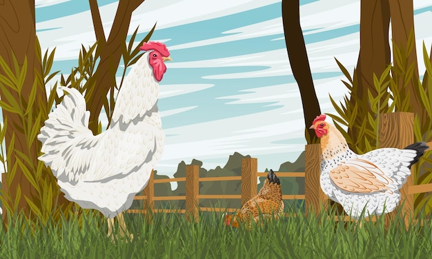 Vettore il gallo e le galline camminano in un cortile di pollame con una recinzione di legno.