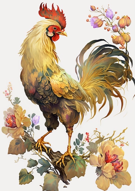 Vector a rooster is standing on a branch with flowers and a bird on it
