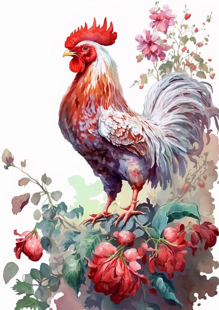 A rooster is standing on a flowery plant with red flowers.