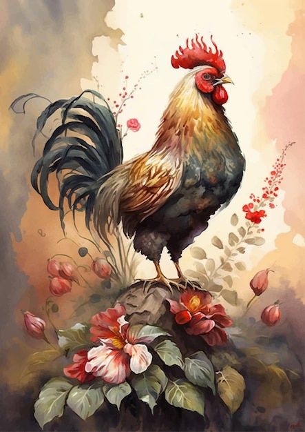 A rooster is standing on a rock with flowers and a red tail.