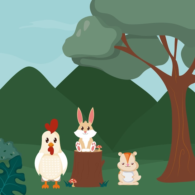 Rooster rabbit and beaver at forest cute animal cartoons