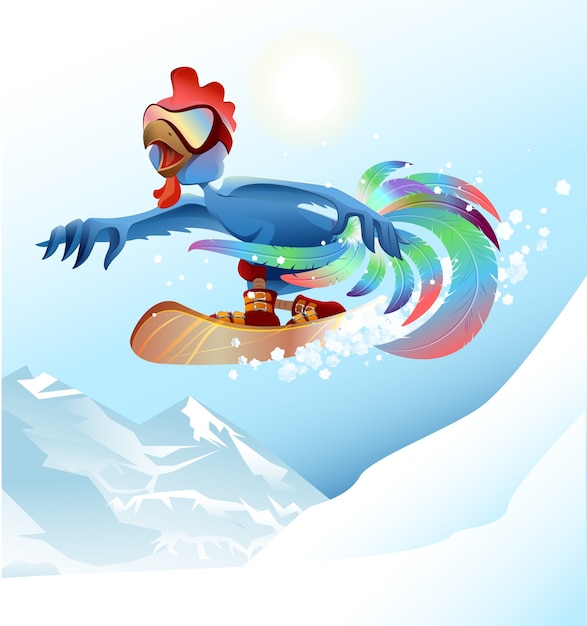 Rooster on snowboard riding mountain. Blue cock cartoon illustration