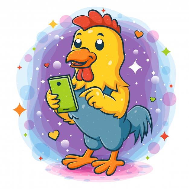 Rooster standing holding smart phone