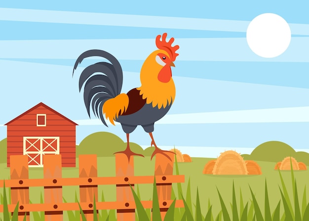 Vector rooster standing on wooden fence on the background of summer rural landscape and barn vector illustration in flat style