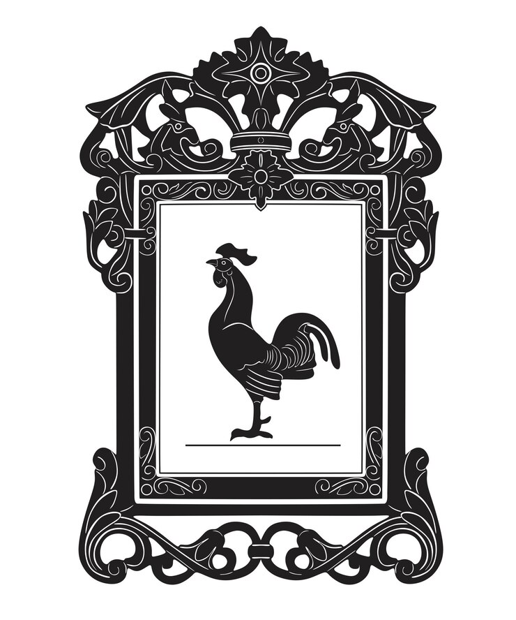 Vector rooster with painting frame black and white handmade silhouette