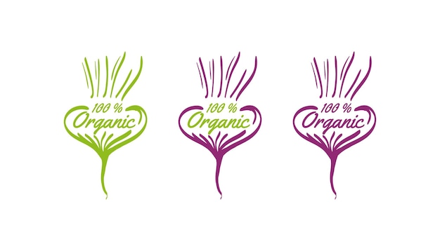 Root beet hand drawn sticker. Organic food stickers and badges. 100% organic sticker, beet logo