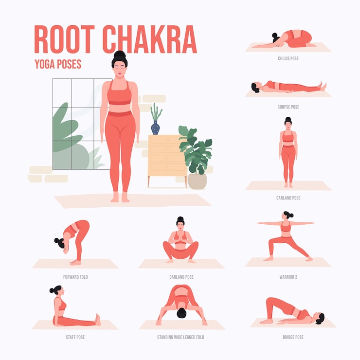 Vector root chakra yoga houdingen jonge vrouw die yoga houdingen beoefent