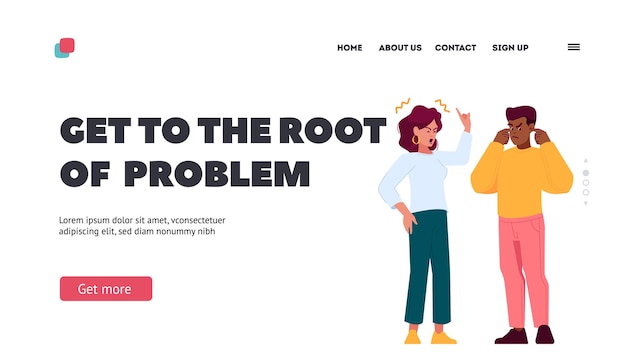 Root of family problems landing page template couple quarrel partners use hand gestures to emphasize their point