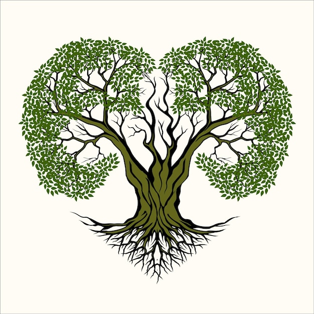 뿌리 있는 나무 로고 심장 모양의 나무 디자인