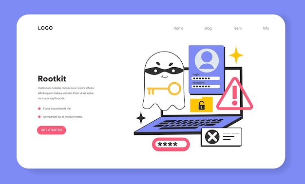 Rootkit web banner or landing page Computer program hiding malicious actions from antiviruse or masking a malware work Malware getting an access to a computer Flat vector illustration