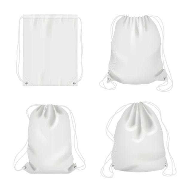 ロープバッグ。スポーツ生地の白い肩の巾着パッケージベクトルの現実的なコレクション。バッグ巾着、パックとポーチ、バックパックの白いイラスト