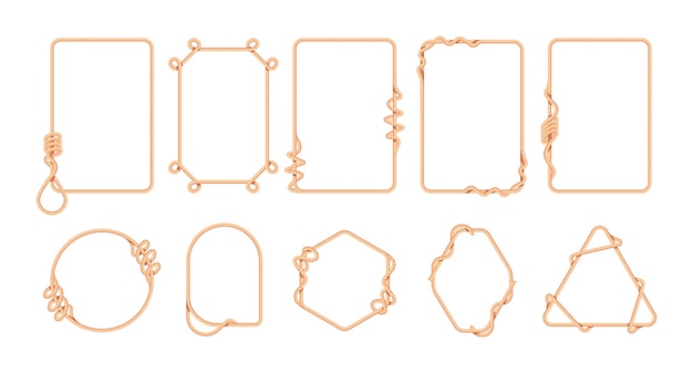 벡터 밧줄 테두리 선원 매듭이 있는 장식용 스레드 프레임 올가미 루프 트위스트 꼰 해양 황마 코드 사각형 둥근 모양 벡터 격리 세트