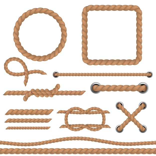 ロープ茶色のセット マリン コード ロープの現実的なコレクション ジュートまたは麻の紐のフレームと境界線の丸い麻ひものループと結び目の曲線と直線なげなわ装飾要素ベクトル 3 d ビンテージ セット