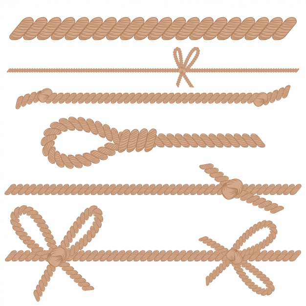 Vettore corda, cavo, spago con nodi, fiocchi e ciclo cartoon set isolato su uno sfondo bianco.