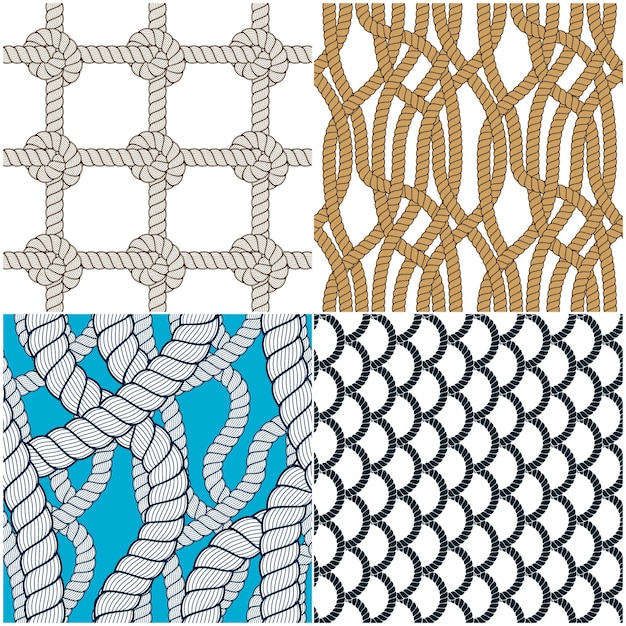 Rope seamless patterns set, trendy vector wallpaper backgrounds collection. endless navy illustrations with fishing net ornament and marine knots. usable for fabric, wallpaper, wrapping, web and print