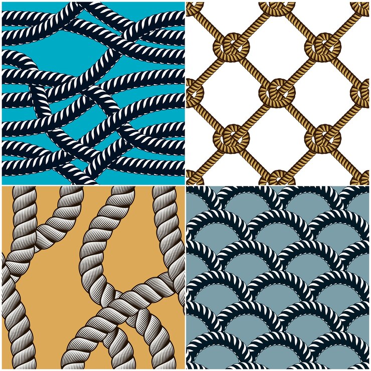 Vector rope seamless patterns set, trendy vector wallpaper backgrounds collection. endless navy illustrations with fishing net ornament and marine knots. usable for fabric, wallpaper, wrapping, web and print