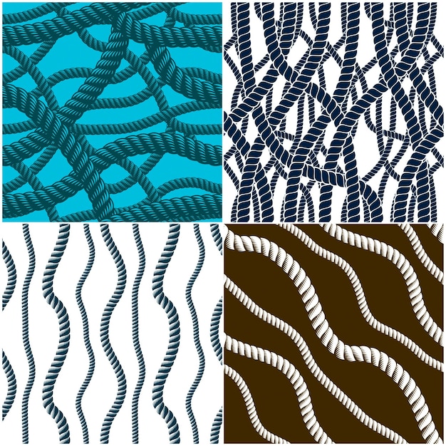Rope seamless patterns set, trendy vector wallpaper backgrounds collection. Endless navy illustrations with fishing net ornament and marine knots. Usable for fabric, wallpaper, wrapping, web and print