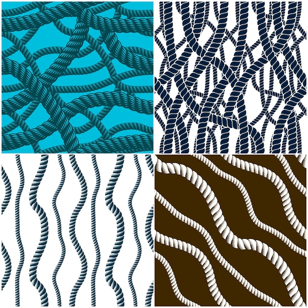 Rope seamless patterns set, trendy vector wallpaper backgrounds collection. endless navy illustrations with fishing net ornament and marine knots. usable for fabric, wallpaper, wrapping, web and print