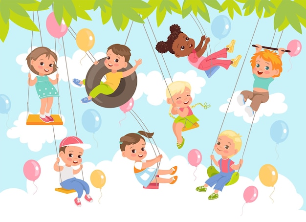 로프 스윙 어린 곡예사 나무 잎 아래에서 스윙하는 소년 소녀 번지와 바퀴를 타고 날아가는 어린이 캐릭터 야외 게임 아이들은 자연 속에서 즐거운 시간을 보냅니다. 여름 레저 벡터 프레임