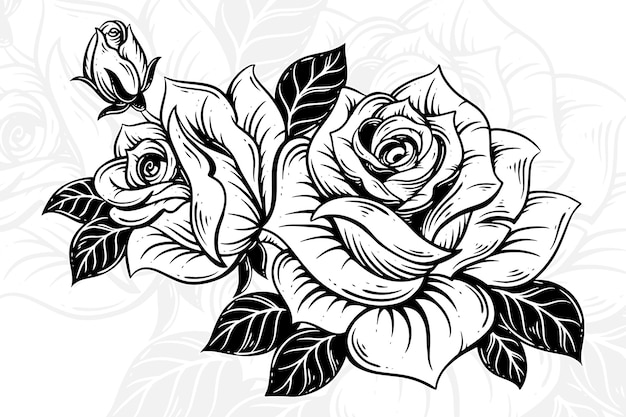 Rose bloem lijntekeningen met blad clipart bloemen samenstelling hand getekend bloemen decoratief boeket