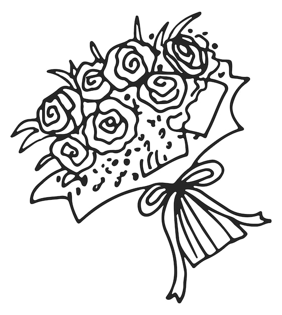 Vector rose bouquet doodle flower gift line symbol