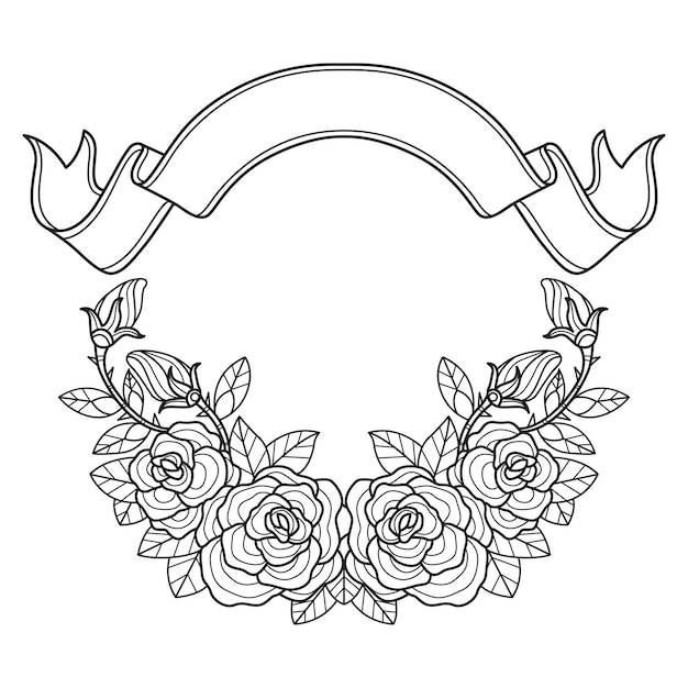 Rose and bow label hand drawn for adult coloring book