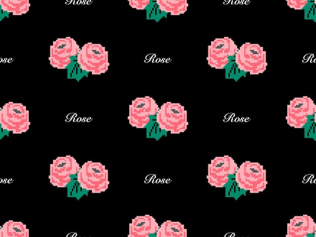 Rose cartoon character seamless pattern on black background Pixel style