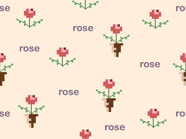 Rose cartoon character seamless pattern on orange backgroundpixel style