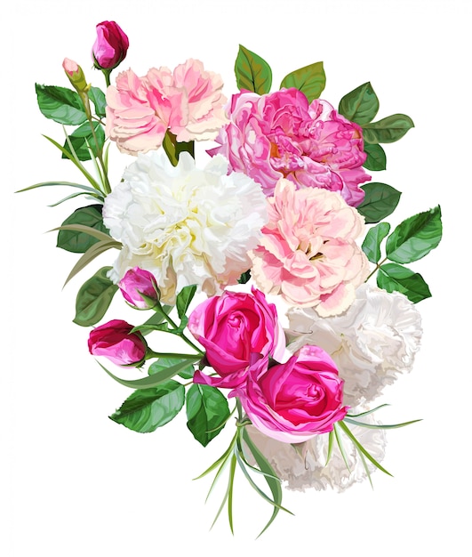 Vector rose en anjer boeket bloem