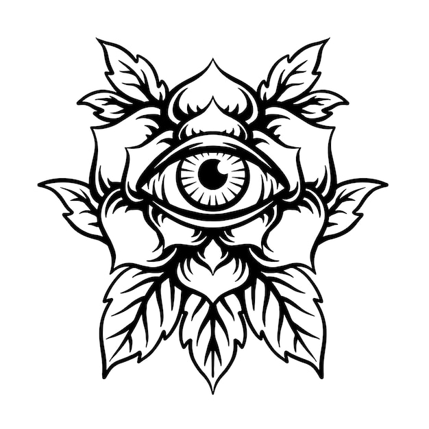 Rose eye tattoo black and white vector illustration