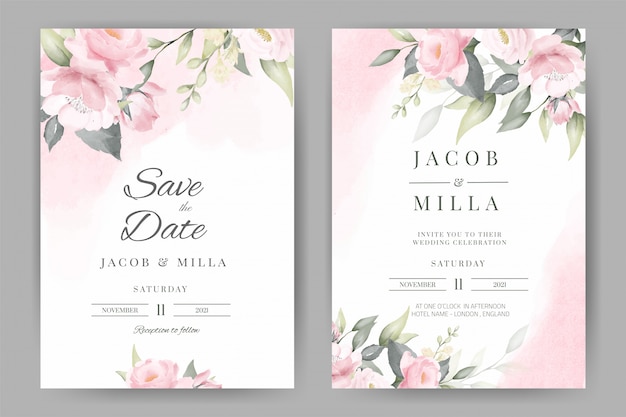 Vector rose floral watercolor wedding invitation set card template design with pink watercolor background bouquet  .
