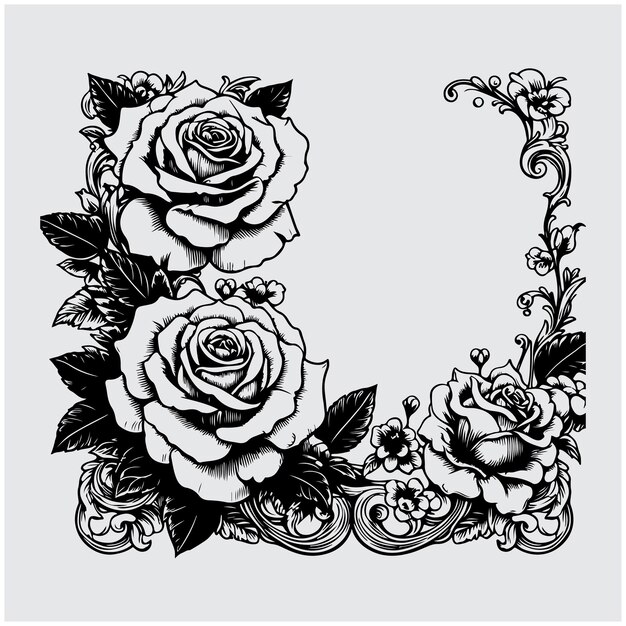 A rose flower border Vintage corner frame design element Vector illustration