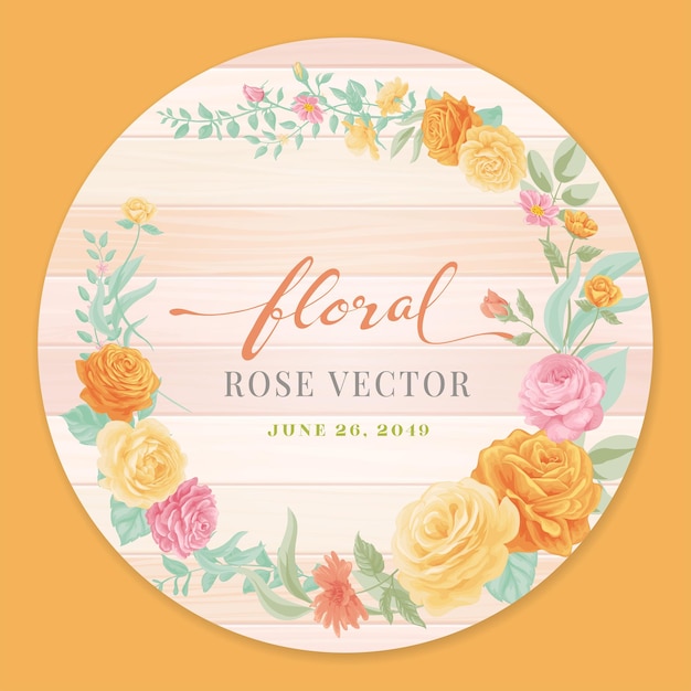 Vector rose flower and botanical leaf on wood label circle digital painted illustration