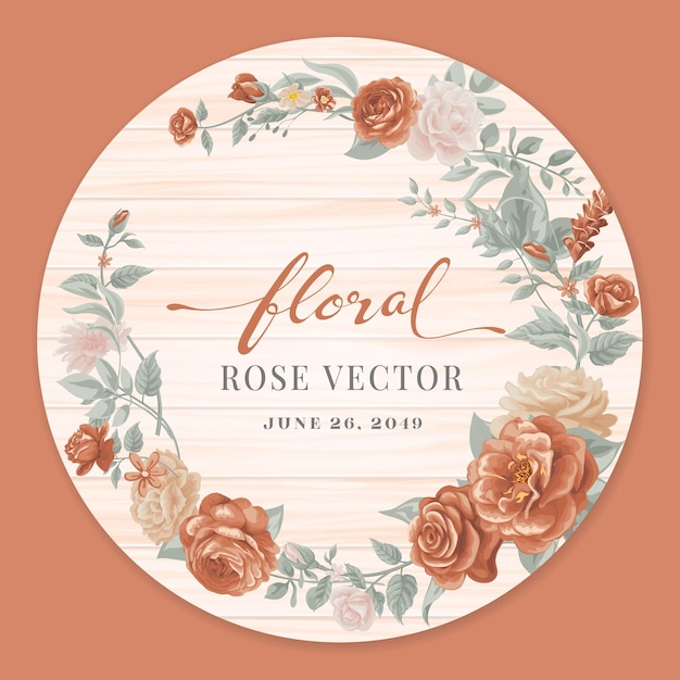 Rose Flower and botanical leaf on wood label circle digital painted illustration