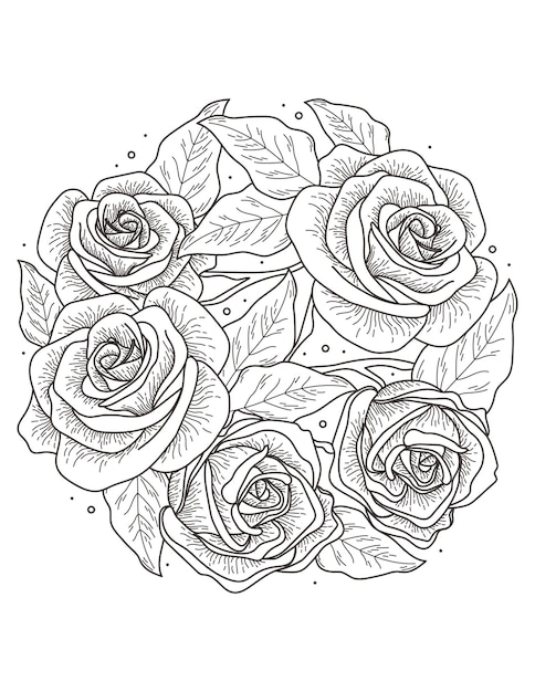 Premium Vector  Rose flower and leaf wreath hand drawn mandala coloring  pages for adults and kids coloring book