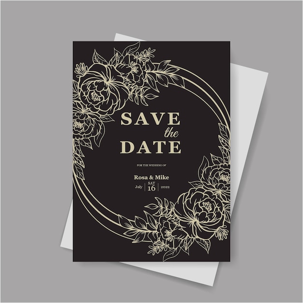 Rose flower and leaves outline hand drawn wedding invitation template